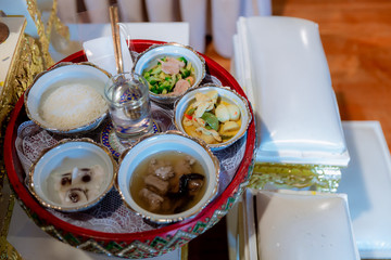 Delicious thai food set served on bamboo plate. lunch and or dinner set of culture thai food. present for traveler and tourist.