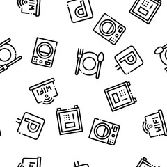 Hostel Seamless Pattern Vector. Building Hostel And Location, Calendar And Parking Symbol, Bed And Laundry Machine Linear Pictograms. Wifi Internet Illustration