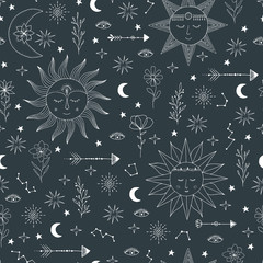 Seamless pattern with stars, comets, suns, moon, constellation, Children wallpaper background. 