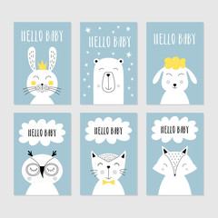 Set of baby shower cards with cute animals. Vector isolated illustration.