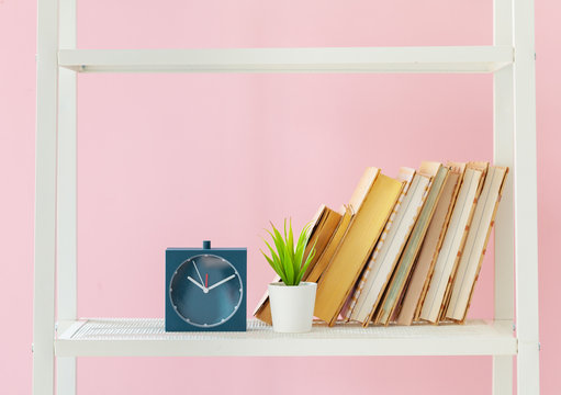 White bookshelf with books and plant against pink wall