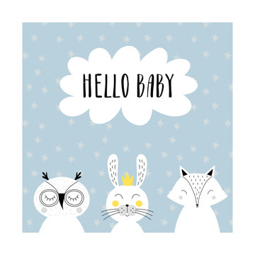 Baby shower card with cute animals. Frame for newborn design. Vector illustration. © anatartan