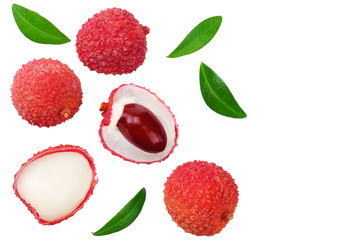 Fresh lychee with leaves isolated on white background. top view