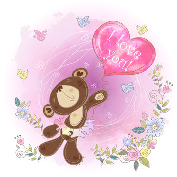 Bear ballerina with a balloon in the shape of a heart. I love you. Valentine. Vector. Watercolor