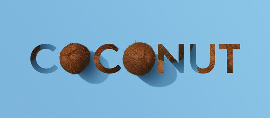 Coconut word with whole coconuts on blue background, summer party template