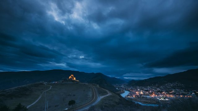 Mtskheta, Georgia. Jvari, Georgian Orthodox Monastery, World Heritage By UNESCO. Beautiful Autumn Mountain Landscape And Ancient Temple. Time Lapse Day To Night Transition