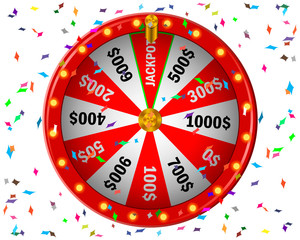 Wheel fortune red on white background, 3 d roulette,  realistic vector illustration