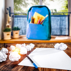 Wooden board and window background with school and kitchen accessories.