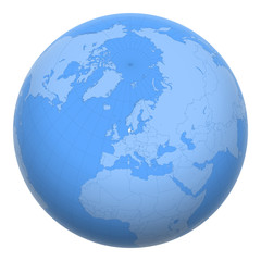 Denmark on the globe. Earth centered at the location of the Kingdom of Denmark. Map of Denmark. Includes layer with capital cities.
