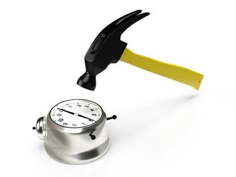 Hammer hitting the alarm clock, isolated on white. 3D rendering