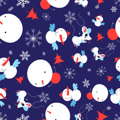 Festive bright vector seamless Christmas pattern of snowmen and mice