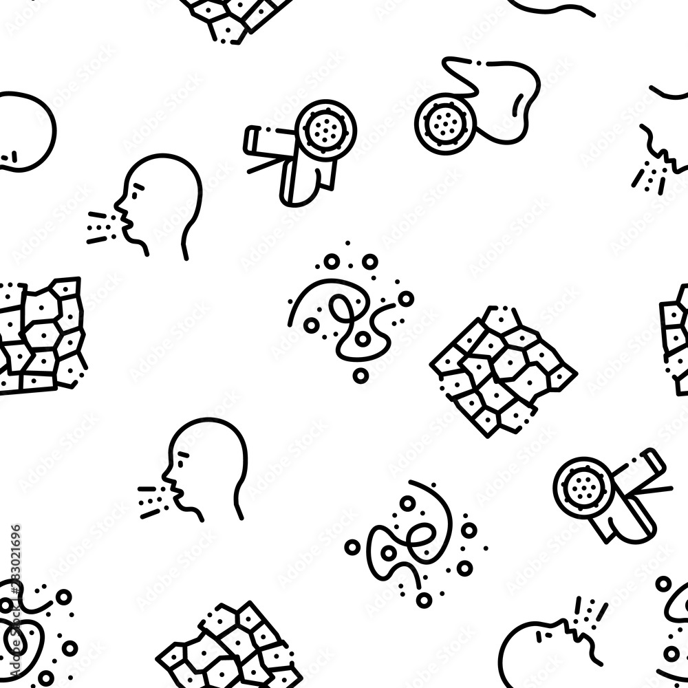 Poster bacteria germs seamless pattern vector. unhealthy tooth and dirty hands, sternutation character and 
