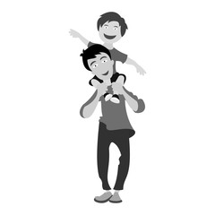 Vector illustration of a little boy sitting on his daddy shoulder. Grey scale vector illustration.
