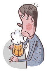Unhappy Man Drinking Beer. Comic Character. Vector illustration