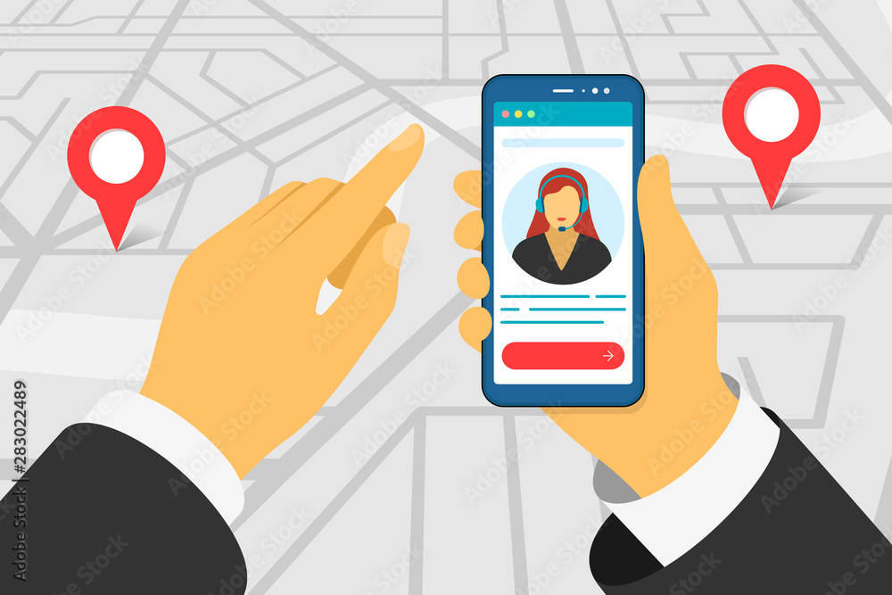 Poster hand holding smartphone with transport tracking delivery monitoring app support assistant avatar on 