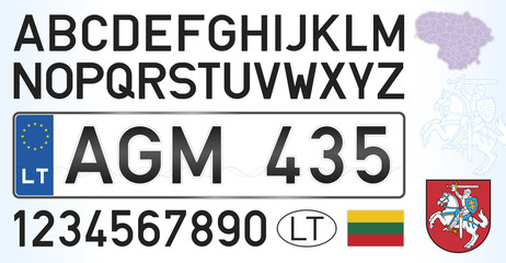 Lithuania car license plate, letters, numbers and symbols, vector illustration, European Union