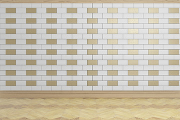 white and gold ceramic brick tile wall, 3d rendering background, empty room	