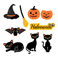 Halloween Silhouettes. Witch, pumpkin, black cat,spider, bat and broom.