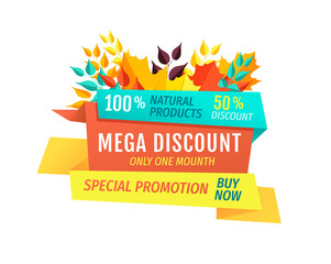 Mega discount special autumn promotion emblem. Half price sale with fall leaves and stripes. Exclusive seasonal offer vector illustration isolated.