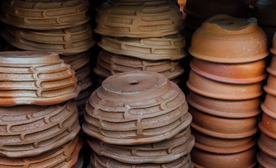 stack of clay pot in gardening shop