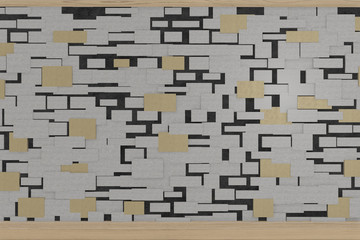 gray and gold ceramic brick tile on black background, space for text, 3d rendering wallpaper