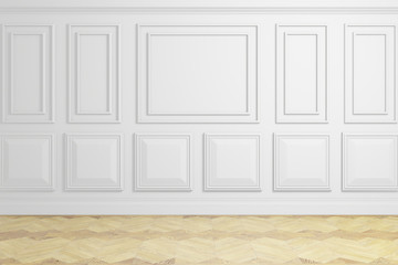 3d render, interior design, white wall with panels and wood floor, empty room, design wall