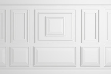 3d rendering background, classic style white wall with panels, space for text