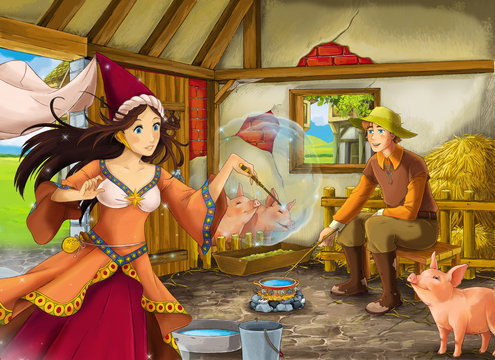 Cartoon scene with princess sorceress and farmer rancher in the barn pigsty illustration for children