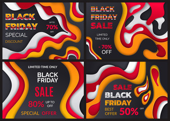 Black friday special discount, percent offer vector. Limited time, reduction half of price, autumn sellout shops. Clearance deal, seasonal bargain. Banners