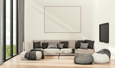 interior design of white living room with sofa and tv, 3d rendering illustration background