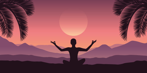 peaceful meditation at tropical red mountain landscape in purple colors vector illustration EPS10