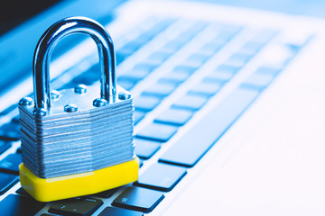 Padlock on laptop. Internet data privacy information security concept. Antivirus and malware...