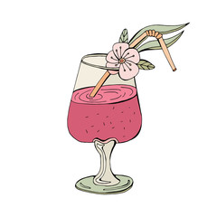 Summer pink tropical cocktail. Vector object on white background. Retro style. Vintage. In isolation. Hand drawing. A refreshing, cold drink.