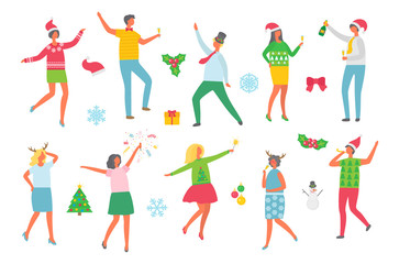Christmas party people and symbolic winter images isolated icons set on white background. Wreaths with mistletoe and spruce evergreen tree. Man and woman dancing together