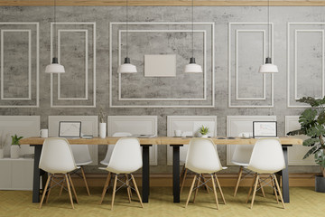 gray concrete wall with panels, room with furniture, interior design of home office, 3d render