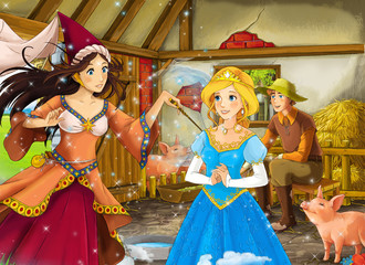 Cartoon scene with princess and witch sorceress and farmer rancher in the barn pigsty illustration for children