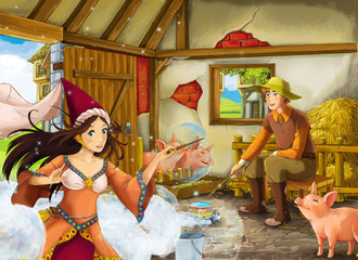 Obraz na płótnie Canvas Cartoon scene with princess sorceress and farmer rancher in the barn pigsty illustration for children