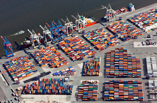 Hamburg, Germany - August 6, 2014: Aerial view of Burchardkai, largest container terminal at the port of Hamburg operated by HHLA