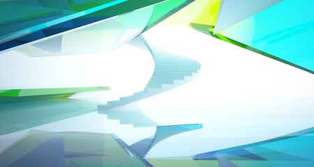 Abstract architectural glass gradient color interior of a minimalist house with large windows. 3D illustration and rendering.