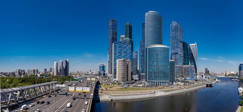 Moscow City view from the Moscow River, Russia, Moscow 2019