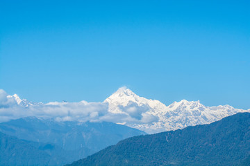 Mountains peaks in mist, blue shade of mountains, North Sikkim, India