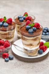 Classic tiramisu dessert with blueberries and raspberries in a glass and bowls with berries on concrete background