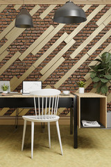 red concrete brick wall with wooden slats,  design wall, room with furniture, 3d rendering background vertical
