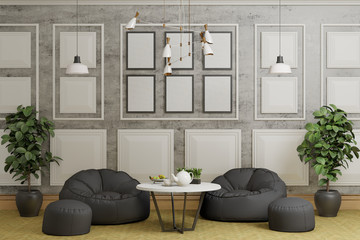gray concrete wall with white panels, room with furniture, interior design, background 3d rendering