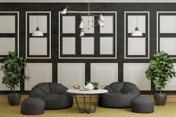 black concrete wall with white panels, room with furniture, interior design, background 3d rendering