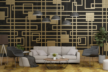 black concrete with pattern wall, design wall, living room, nobody, 3d render illustration