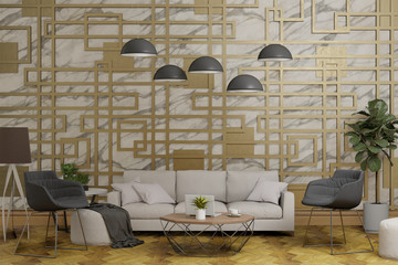 white marble with pattern wall, design wall, living room, nobody, 3d render illustration