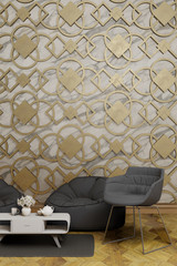 luxury living room, white marble with pattern wall, design wall,nobody, 3d rendering illustration background vertical