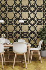 luxury dining room, black concrete with pattern wall, design wall,nobody, 3d rendering illustration background vertical