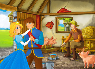 Cartoon scene with princess and farmer rancher in the barn pigsty illustration for children